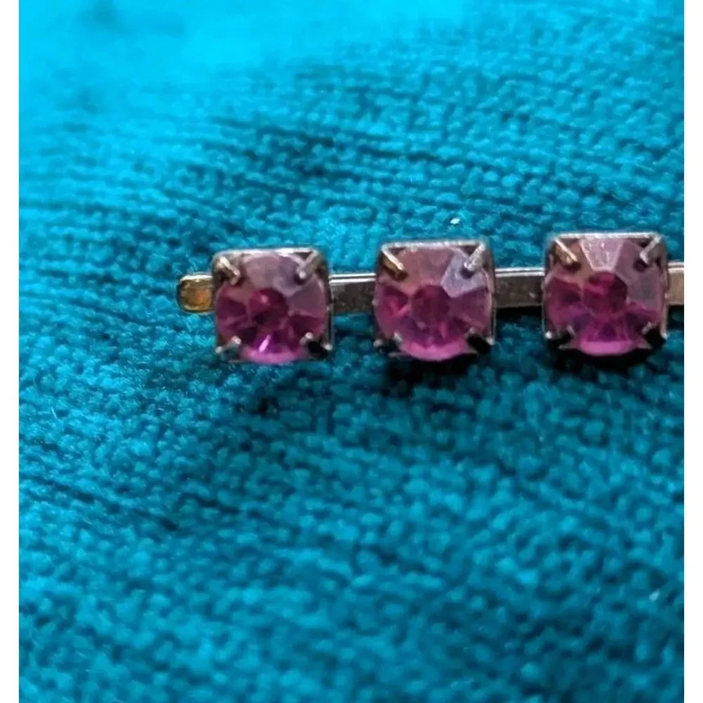 Vtg Pink Purple Rhinestone Bar Pin Hair Clip Czech Glass Silver Tone Prong Set